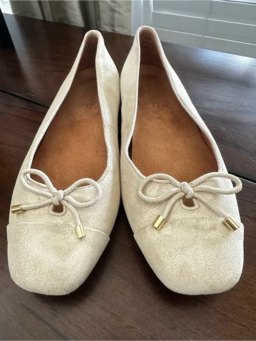 Vionic Cream Suede Square-Toe Ballet Flats with Bow